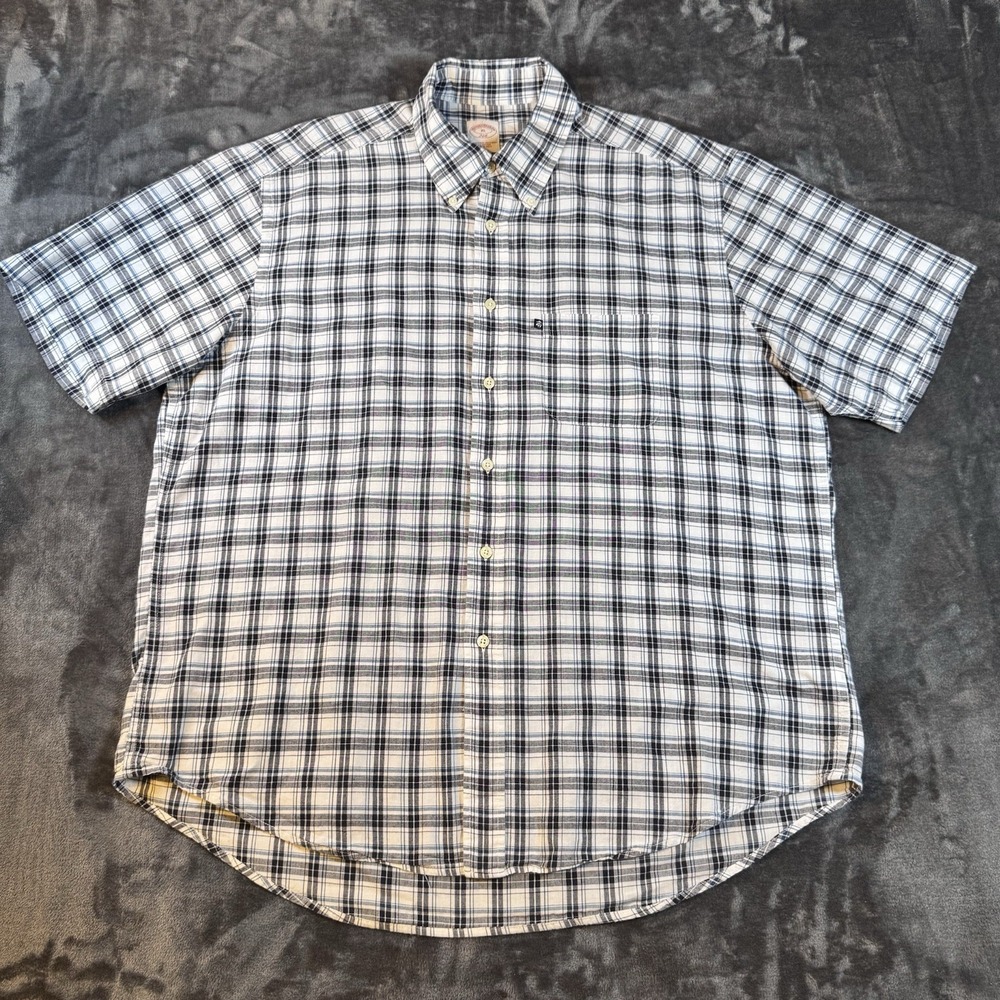 Brooks Brothers Shirt XL  White Grey Blue Plaid Short Sleeve Button Down Preppy